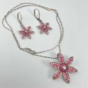 Stunning Pink Crystal Flower Jewelry Set Sterling Silver Chain Necklace,Earrings